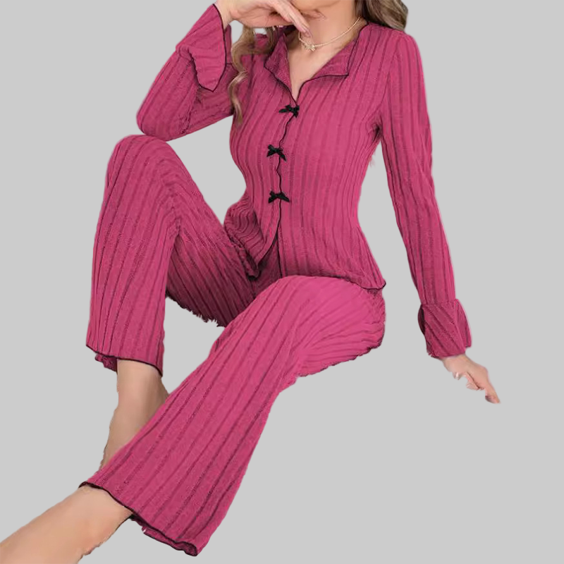 Γυναικεία Σετ Πιτζάμες με Ριπ Πλέξη, Γιακά με Πέτο & Φιόγκους