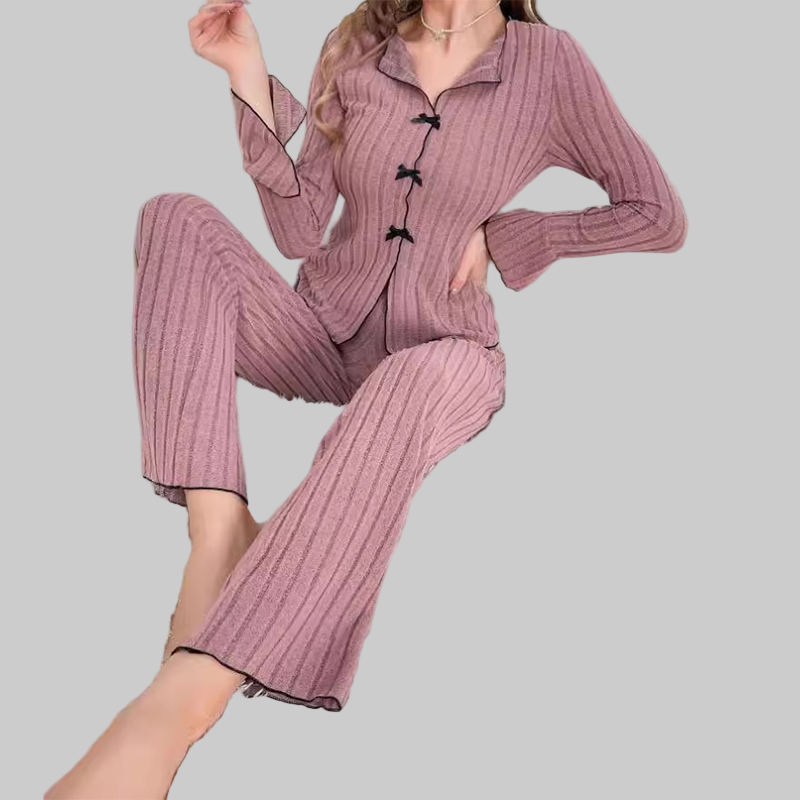 Γυναικεία Σετ Πιτζάμες με Ριπ Πλέξη, Γιακά με Πέτο & Φιόγκους