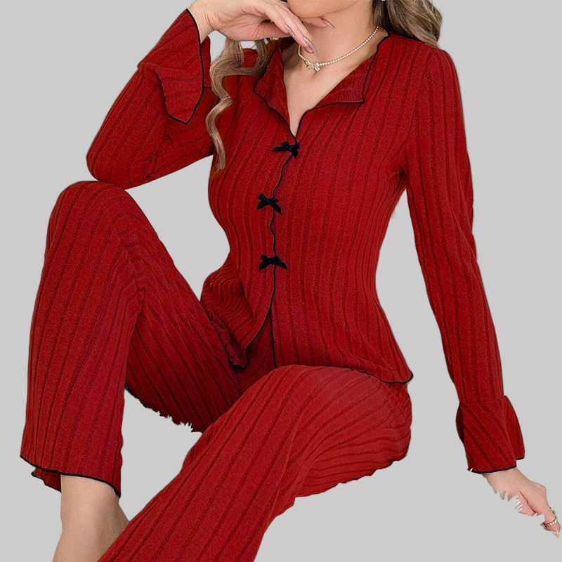 Γυναικεία Σετ Πιτζάμες με Ριπ Πλέξη, Γιακά με Πέτο & Φιόγκους