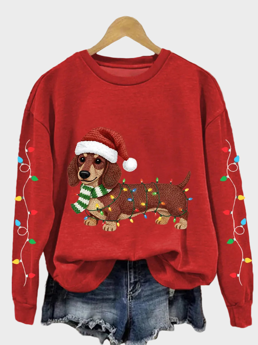 Ella| Γυναικείο Casual Φούτερ με Μοτίβο Dachshund και Χριστουγεννιάτικα Λαμπάκια