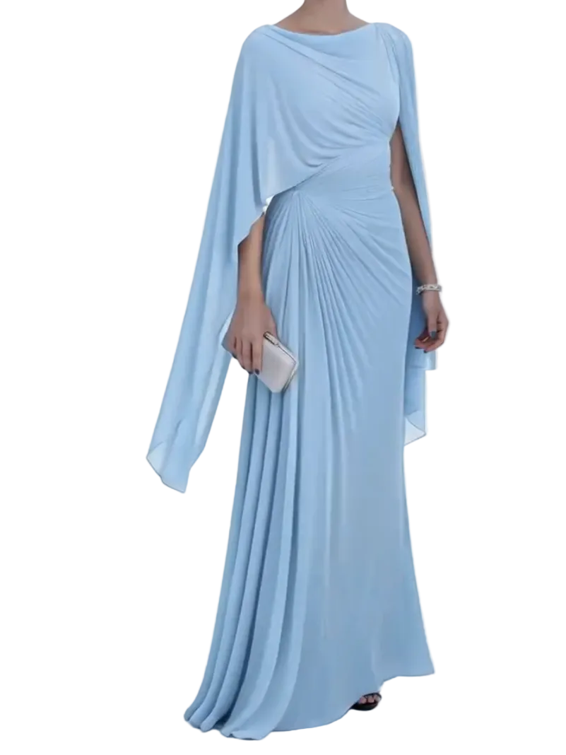 Helga - Κομψό Μάξι Φόρεμα με Ντραπέ Μανίκια Κάπα (Elegant Draped Cape Sleeves Maxi Dress)