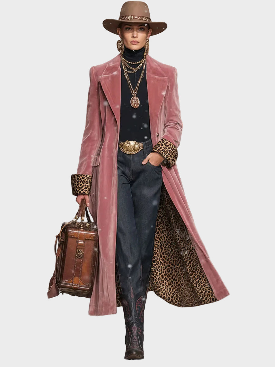 Sonia | Βελούδινο Παλτό με Πέτο, Μονόπετο, και Λεοπάρ Μοτίβο