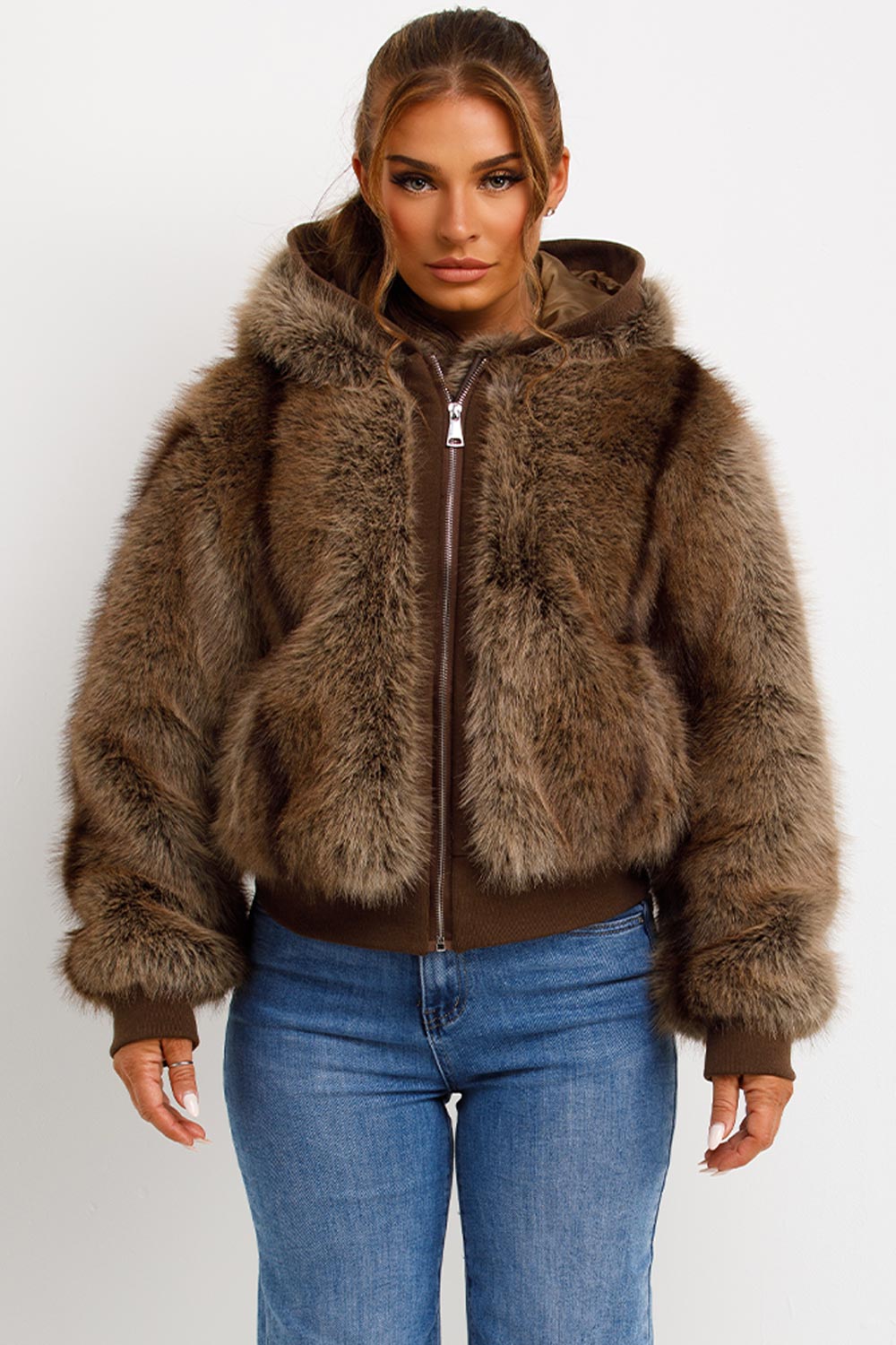 Fur Coat With Hood Brown
